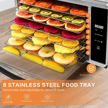 Дегідратор Skyehomo з нержавіючої сталі, дегідратор 650 Вт 0,8 м дегідратор з регулятором температури (35-80 C), таймер на 24 години, 8 рівнів сушильної машини з решіткою з нержавіючої сталі, дегідратор їжі для м'яса, фруктів, овочів, трав