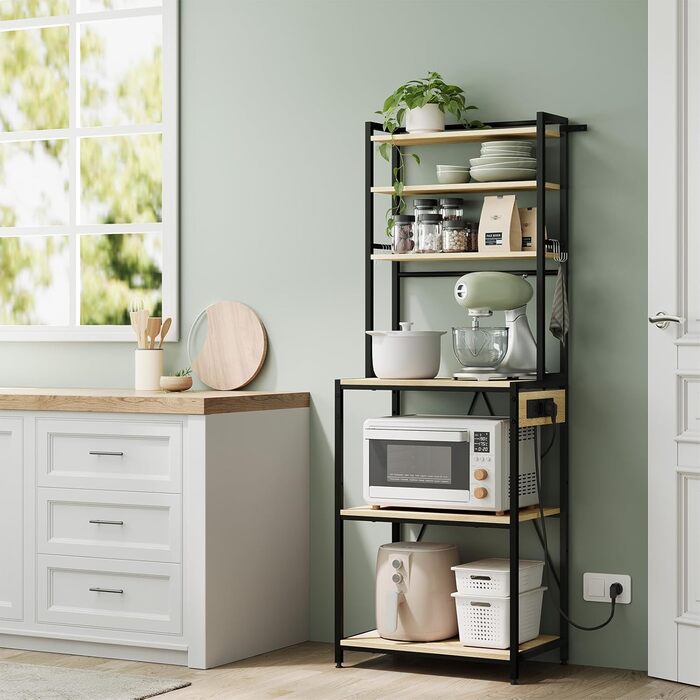 Кухонна полиця WOLTU на 6 рівнів з розетками, полиця для мікрохвильової печі з 6 гачками, полиця для пекаря з металевим каркасом, регульована полиця, чорнийсвітлий дуб, 60 x 167 x 40 см чорнийсвітлий дуб 60 x 39,5 x 167 см