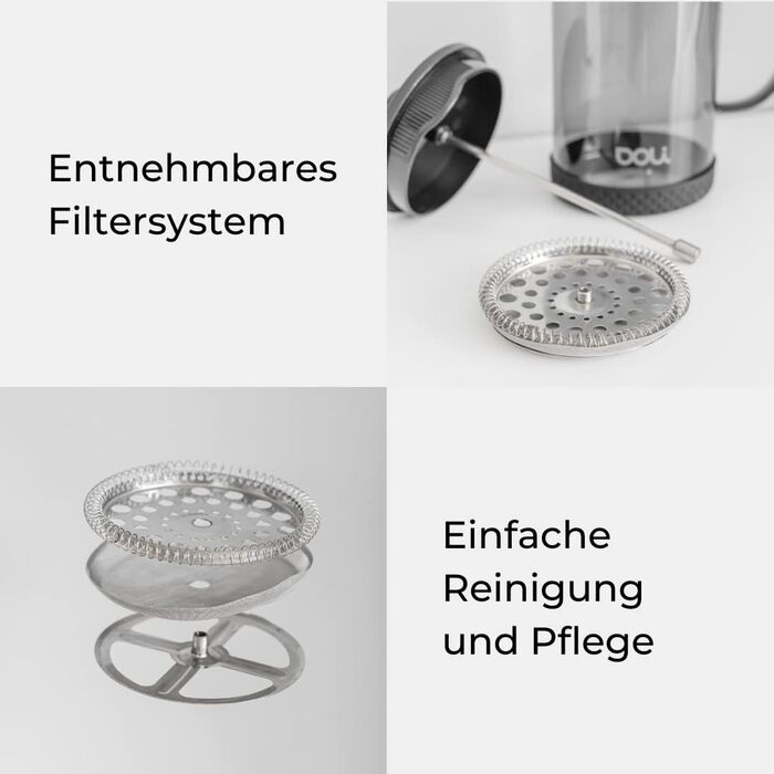 Скло френч-прес Doli 1 л, кавоварка на 1-6 чашок, тонкий фільтр з нержавіючої сталі для чистого аромату, вогнетривкий і безпечний для миття в посудомийній машині, в т.ч. дозуюча ложка (чорна)