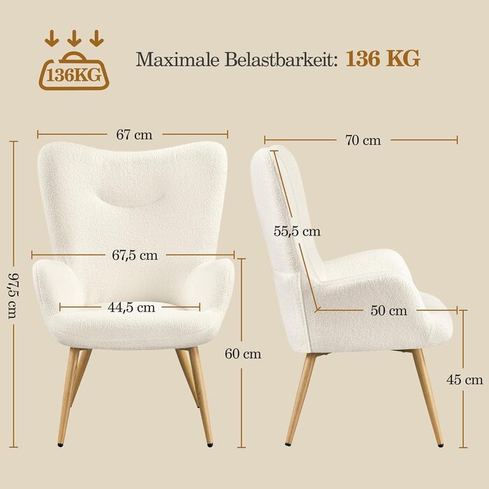 Крісло Yaheetech Wingback, елегантне крісло, м&39яке крісло зі складною спинкою, витримує вагу до 136 кг, крісло для вітальні/спальні, біле, без пуфа