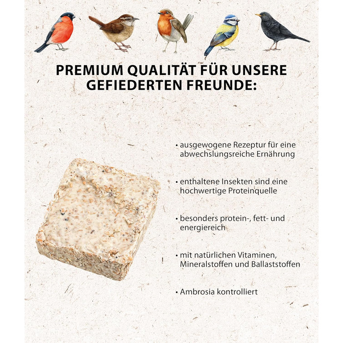 Корм Dehner Natura Premium Wild Bird Food, снек для диких птахів, таблетки для годування комахами, цілорічний корм з високим вмістом білка / енергетичний, високоякісний корм для диких птахів, 12 x 300 г (3,6 кг)