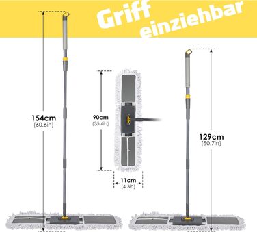 Плоска швабра HEVOL, плоска швабра з регульованою ручкою з нержавіючої сталі 154 см, велика швабра з 2 мікрофібровими насадками та