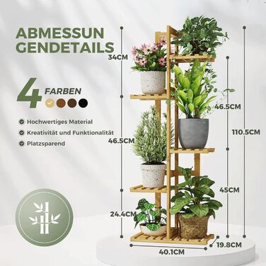 Підставка для рослин Bamworld, підставка для квітів, бамбукова полиця для рослин, кімнатна полиця для квітів, невелика металева підставка для квітів для тераси, саду, балкона, вітальні, спальні (5 рівнів), 5 рівнів з бамбука