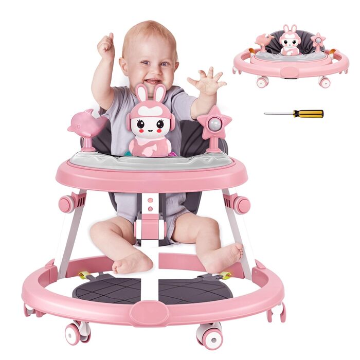 Дитячі ходунки 3 в 1 з килимком на підлозі, шасі з 6 коліс та захистом від перекидання, регульована висота, ходунки з музичним підносом та іграшками, складаються для зручного зберігання, ідеально підходять для хлопчиків, рожеві