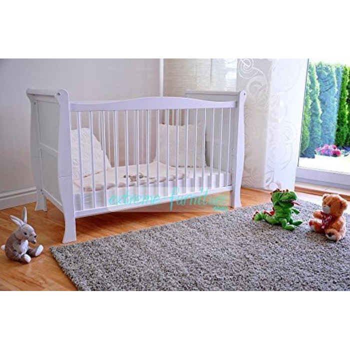 Дитяче ліжечко Marsell, дитяче ліжко, ліжечко для малюків з матрацом з піни алое вера, регульовані поручні для прорізування зубів, біле, трансформується в дитяче ліжко