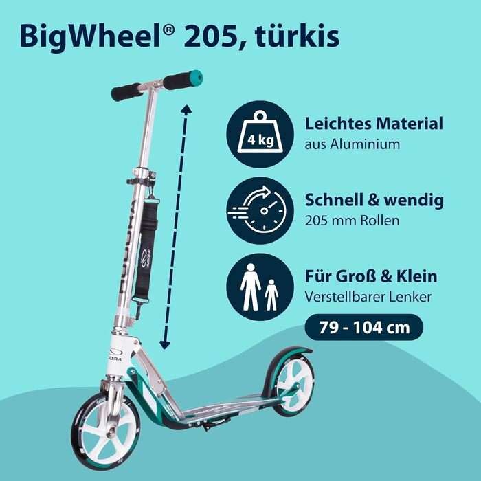 Самокат HUDORA BigWheel 205 - Міцний алюмінієвий самокат - Регульований по висоті та складаний міський самокат з підставкою - Спор