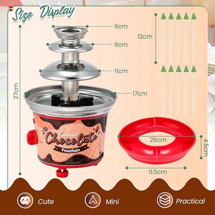 Рівнева міні-машина для шоколадного фонтану Huanyu Huanyu 10 бамбукових шампурів знімний лоток 450 г шоколадного фондю Фонтан для вечірки День народження Весілля Шоколад Сир Начо Соус барбекю Лікери (червоний), 3-