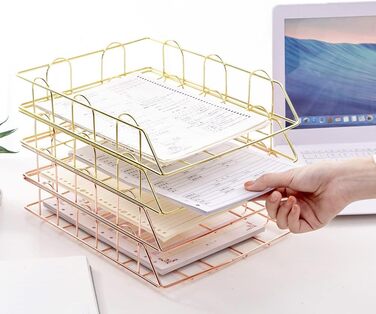 Металевий лоток для документів XINGHE з 2 частин, штабелювані металеві лотки для паперу для столу, для столу, лоток для документів, лоток для листів (рожеве золото)