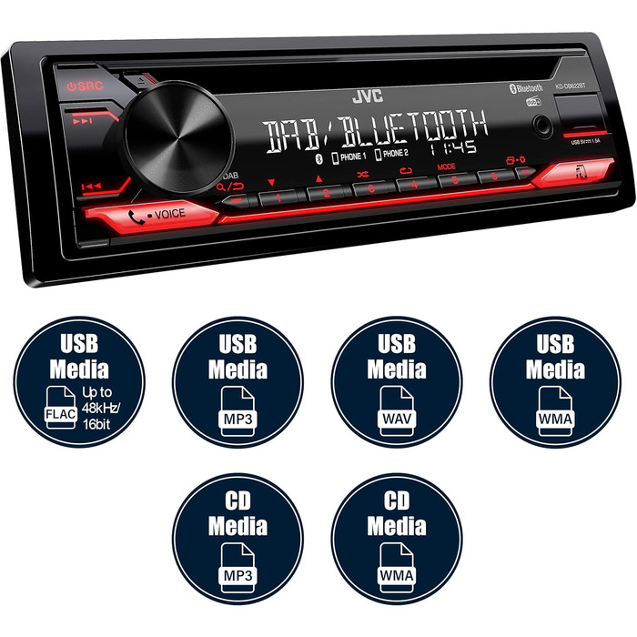 Автомагнітола JVC KD-DB622BT CD з системою гучного зв'язку DAB і Bluetooth (звуковий процесор, USB, AUX-вхід, Spotify Control, 4 x 50 Вт, підсвічування червоної клавіші, без антени) Одинарний