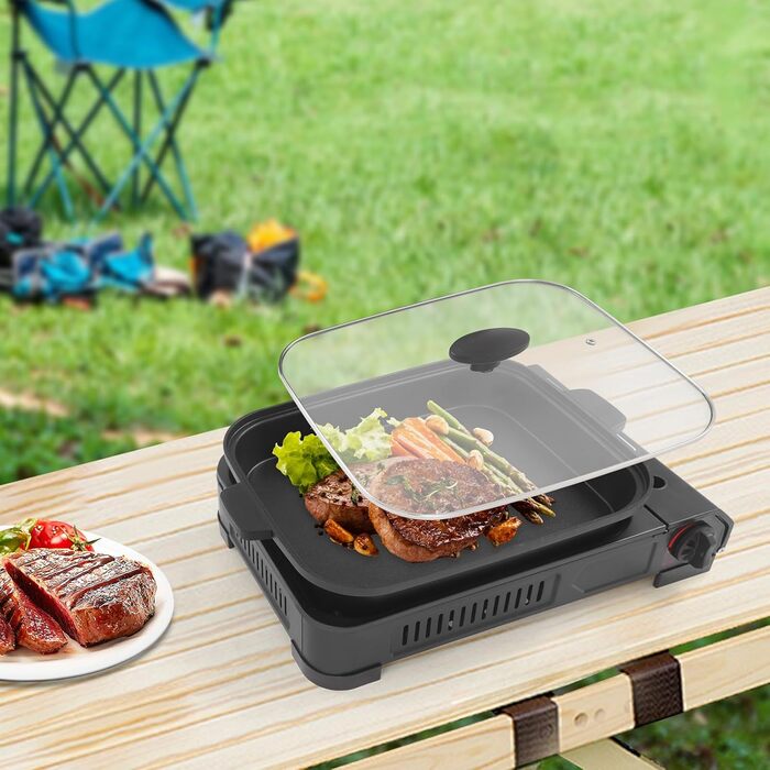 Кемпінгова плита та газовий гриль 2-в-1, газовий гриль-сковорода, кемпінгова плита для кемпінгу, гриль для барбекю, портативний настільний газовий гриль, гриль для барбекю на бутані
