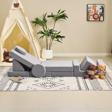 Дитячий диван LALAHO, ігровий диван для дітей, виготовлений з вельвету, складні пінопластові будівельні блоки, дитячий диван та дитяче крісло, універсальний та вільно складаний своїми руками, для дитячої ігрової кімнати, меблі для спальні (сірий)
