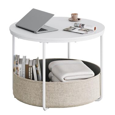 Круглий білий журнальний столик WLIVE, столик для вітальні з тканинним кошиком, металевий каркас, журнальний столик для вітальні з диваном, діаметр 60 дюймів, журнальний столик для вітальні, спальні (білий, діаметр 60 дюймів)