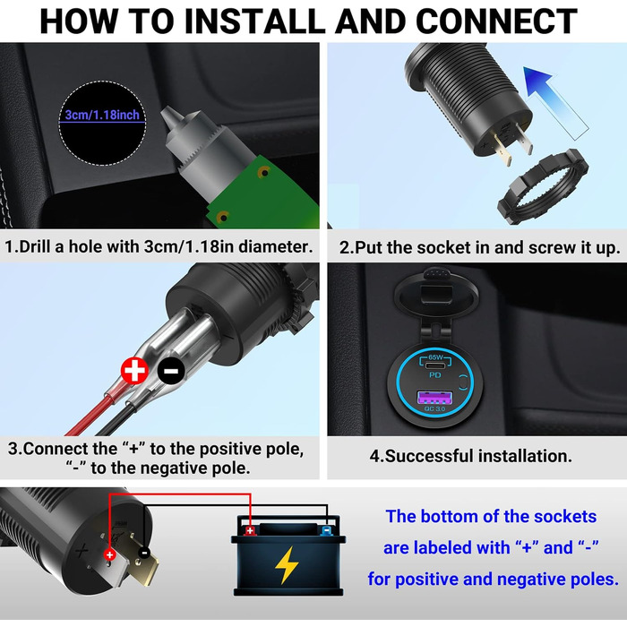 Розетка 65 Вт PD USB C 12V автомобільна USB-розетка типу C вбудована водонепроникна 12-вольтова вилка адаптера постійного струму з