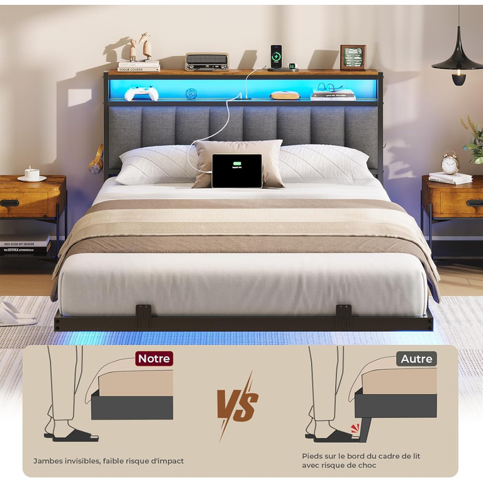 М&39яке ліжко 140x200 см із зарядною станцією та світлодіодним освітленням, каркас двоспального ліжка з місцем для зберігання, узголів&39ям та рейковою основою, плаваючий візуальний ефект, сучасний лляний каркас ліжка, матрац не входить до комплекту, темн