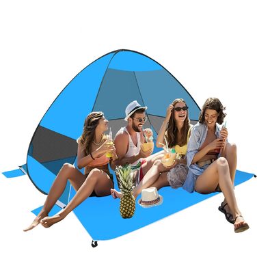 Розкладний пляжний намет на 3-4 особи, пляжний намет із захистом від ультрафіолету UPF 50, автоматичний портативний пляжний намет, вітрозахисний пляжний сімейний намет для пляжу, кемпінгу, риболовлі (синій)