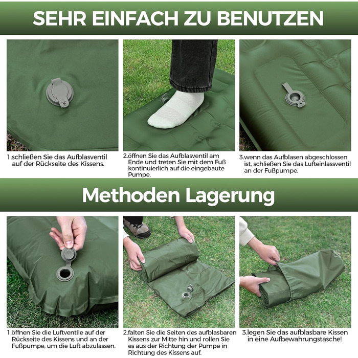 Килимок для сну NAPASA, потовщений надувний матрац 14 см із вбудованим насосом для ніг та подушкою, водонепроникний, килимок для сну з анти-ріпстопом для походів, пляжу, подорожей, намету (зелений) 2 шт., латково-синій