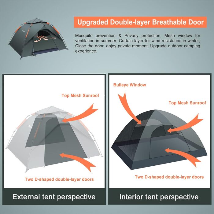 Автоматичний кемпінговий намет на 2 особи, миттєвий намет, що відкривається, купольний намет на 4 сезони, водонепроникний та вітрозахисний кемпінговий намет зі знімним зовнішнім полотном для сімей, зелений
