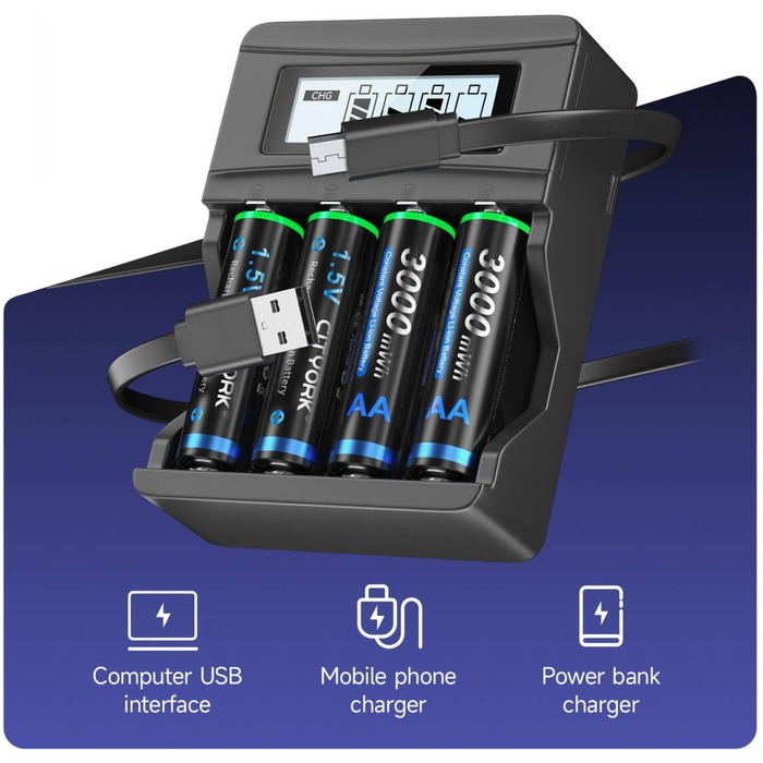 Акумуляторні літій-іонні батареї CITYORK AA, 4 акумуляторні батареї 1,5 В AA ємністю 3000 мВтгод, з 4-слотовим РК-дисплеєм Smart Charger, зарядний пристрій Micro USB, функція швидкої зарядки для автомобіля