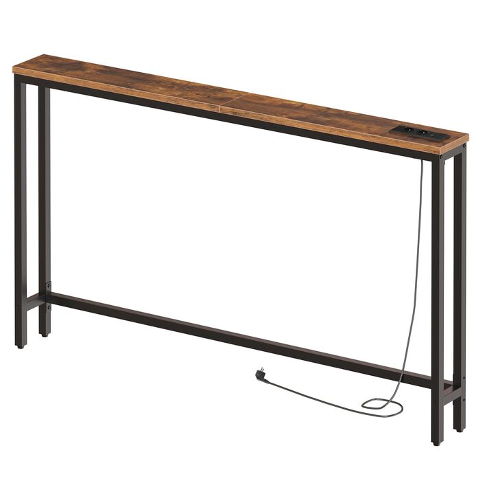 Вузький консольний столик HOOBRO, бічний столик довжиною 140 см, диванний столик із зарядною станцією, передпокійний столик, за диваном, у вітальні, у коридорі, металевий каркас, вінтажний коричнево-чорний EBF145CXG01 Вінтажний коричневий чорний