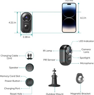 Камера спостереження ZUMIMALL Outdoor/Indoor Battery, WLAN Camera Double Stand, Magnetic Mount, Wireless, PIR Motion Detection, 2K Night Vision, IP66 Waterproof, 2.4G Wi-Fi Compatible, Black