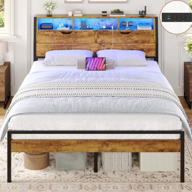 Ліжко 140x200 з металевою рейковою основою, двоспальне ліжко зі світлодіодним підсвічуванням та розеткою, каркас ліжка 140x200 см з дерев&39яним узголів&39ям, 2 шафи з дверима, дитяче ліжко з місцем для зберігання речей, коричневий колір, 140x200 см