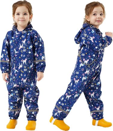 Дощовик Fewlby для дівчаток, водонепроникна куртка, цільний плащ з капюшоном, багаторазові штани для бруду, синій єдиноріг, вік 2-5 років