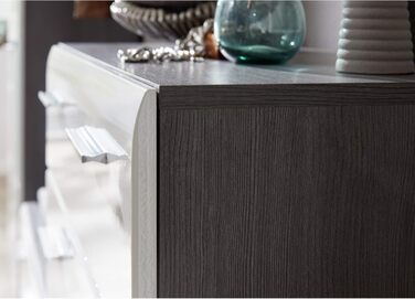 Комод - Димчасто-сріблястий/Білий глянцевий - Шафа для взуття з місцем для 12 пар взуття - (Ш x В x Г) 80 x 87 x 35 см - Хромовані ручки - Стійкий до подряпин Sardegna Димчасто-сріблястий меламін/Білий глянцевий 80 x 87 x 35 см