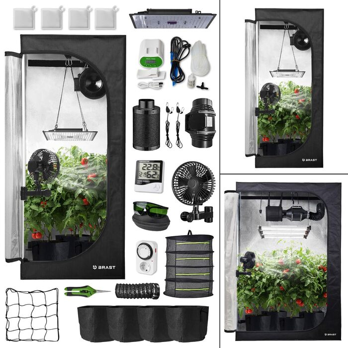 Гроубокс BRAST Growzelt Комплект для вирощування з додатковим обладнанням Різні розміри 60x60x140-120x60x180 см LED технологія повного спектру Система вентиляції та поливу Водонепроникний та світлонепроникний 70x70x160 см XL