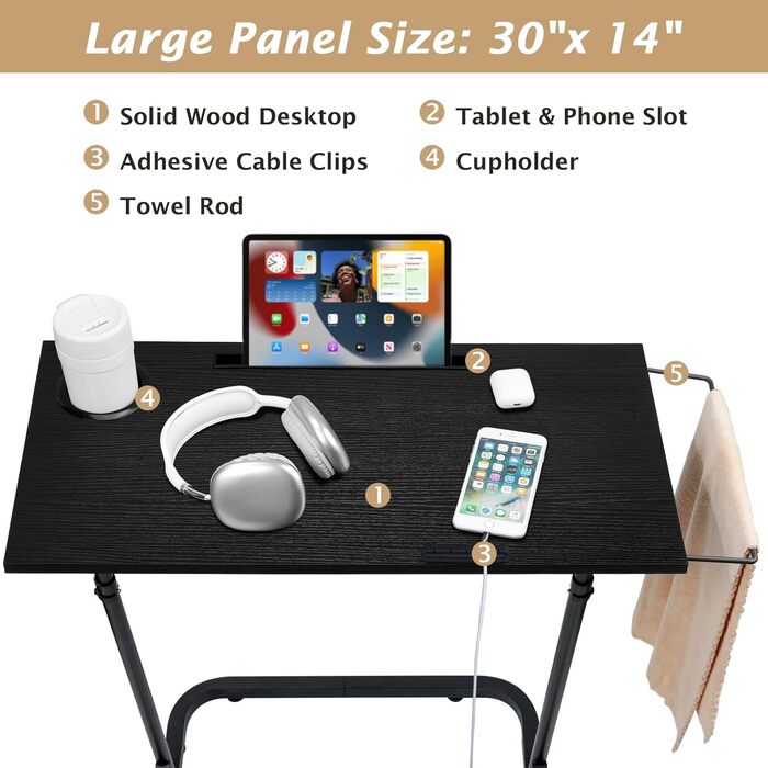 Велосипедний стіл для велотренажерів, регульована по висоті бігова доріжка, стіл для тренувань на біговій доріжці, портативний роликовий тренажер для велотренажерів з тримачем для напоїв, тримач для планшета, тримач для рушників, чорний