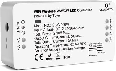 Контролер GLEDOPTO WiFi Світлодіодна стрічка WW/CW DC12-24-54V Контролер світлової стрічки Голосове керування за допомогою програми з Tuay Smart Life Alexa Google Home Assistant без додаткового концентратора