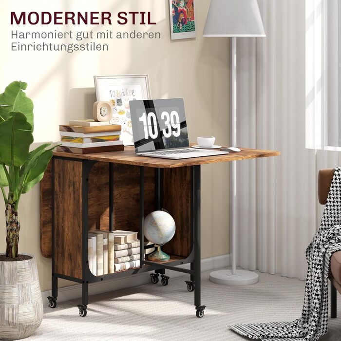 Розкладний обідній стіл HOMCOM, мобільний розкладний стіл з відкритою полицею, обідній стіл, кухонний стіл для невеликих приміщень, кухня, їдальня, 130 x 80 x 74 см, рустикальний коричневий