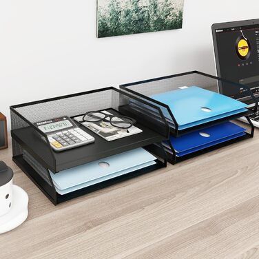 Лоток для документів PUNCIA A4, лоток для листів з 4 металевими відділеннями, органайзер для файлів, лоток для паперу, система для зберігання документів, тримач для документів для офісу, навчання, школи, чорний, 32 x 24,5 x 30 см