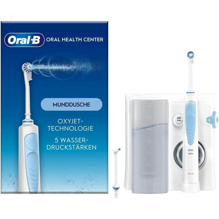 Іригатор для порожнини рота Oral-B Oral Health Center, 2 змінні насадки, очищувач міжзубних прочищувачів для дбайливого чищення зубів і здоров'я ясен, з технологією Oxyjet, 5 рівнів тиску для догляду за зубами, білий/синій