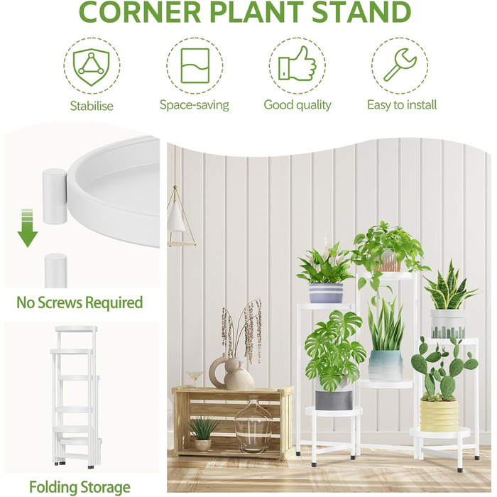 Велика металева підставка для рослин з 6 ярусами, підставка для квітів, полиця для рослин, для використання в приміщенні/на вулиці, складна підставка для рослин для саду, балкону, вітальні, біла/чорна, 6 ярусів, білий