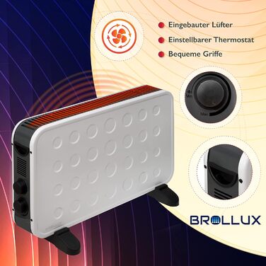 Електричний обігрівач Brollux WT2K 2000 Вт з вентилятором, портативний обігрівач, електричний радіатор, конвекторний обігрівач, 2-ступінчастий термостат, білий, турбо білий, турбовентилятор