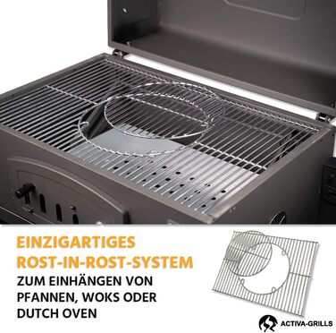 Мангал для вугілля ACTIVA Angulatus I Мангал для вугілля з кришкою, регульованим піддоном для вугілля та термометром I Візок для б