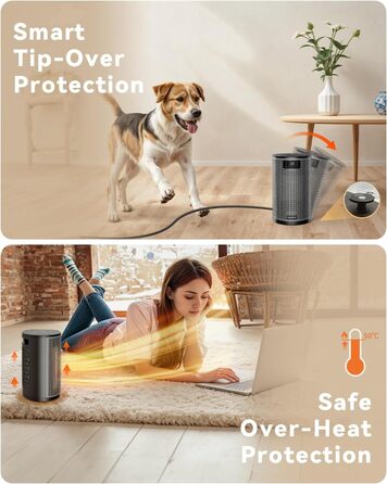 Енергозберігаючий електричний обігрівач, керамічний нагрівальний елемент PTC потужністю 1500 Вт, 4 режими, портативний обігрівач з термостатом, захист від перегріву та перекидання, 8-годинний таймер, для використання в приміщенні, чорний