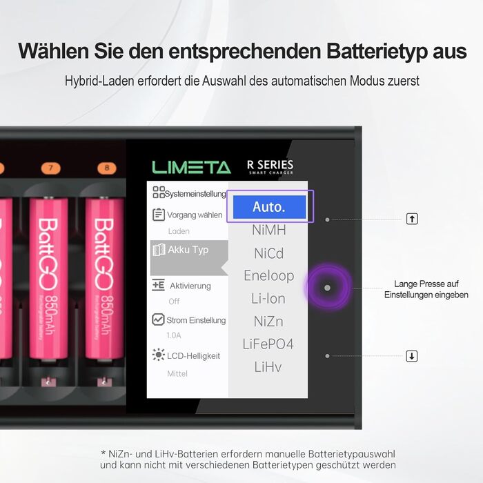 Зарядний пристрій LIMETA R8 для батарейок типу AA та AAA, 8-слотовий зарядний пристрій з функцією швидкої зарядки USB Type-C QC3.0 та РК-дисплеєм, автоматичне визначення типу батарейки, функція розрядки