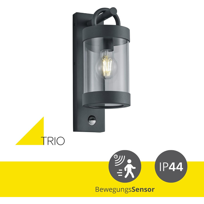 Настінний вуличний світильник Trio Sambesi 204169142, литий алюміній антрацит, прозорий акрил, E27, з датчиком руху, сучасний стиль
