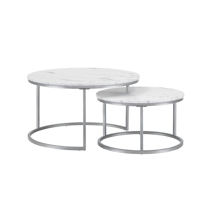 Круглий журнальний столик з мармуру Hitsuki, білий столик для вітальні, комплект із 2 круглих журнальних столиків, срібний бічний столик з металевим каркасом, столик для вітальні, білий мармур та срібний журнальний столик