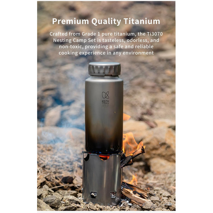Набір для гніздування Keith Titanium Ti3070 - надлегка титанова пляшка, чашка та дров&39яна піч без пластику з полотняною сумкою для перенесення - міцний, портативний та екологічно чистий для кемпінгу, походів та