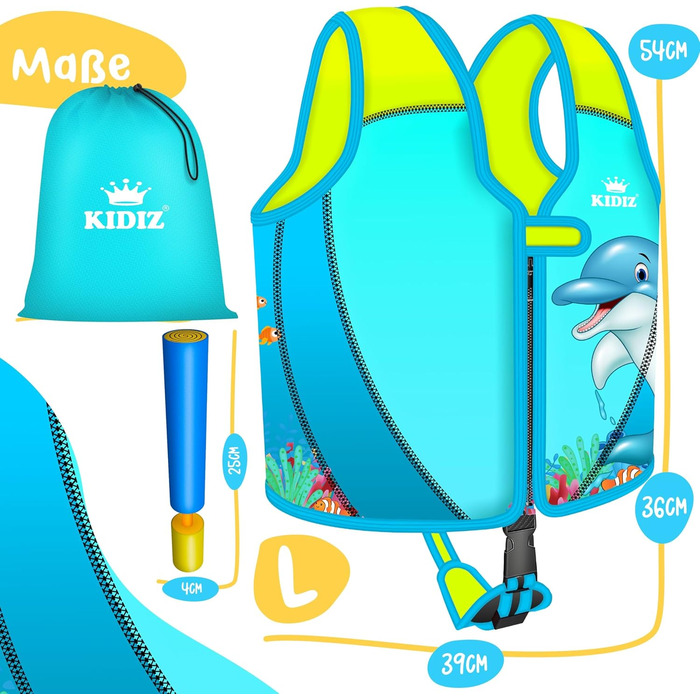 Дитячий рятувальний жилет KIDIZ L 5-9 років Засіб для плавання для хлопчиків та дівчаток, плавальний жилет для немовлят та малюків Плавальний жилет із застібкою на липучці Неопреновий плавальний жилет з водяним пістолетом Регульований ремінь безпеки, світ