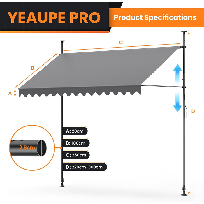 Тент-затискач сірий (250 x 175 см) Балконний тент без свердління Тент-затискач з ручним приводом Водонепроникний та сонцестійкий 250 x 175 см