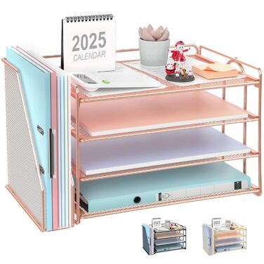 Настільний органайзер з тримачами для файлів, 4-рівневий офісний органайзер з лотком для паперу, сітчастий лоток для документів з тримачем для журналів, настільне сховище для канцелярського приладдя (рожеве золото)