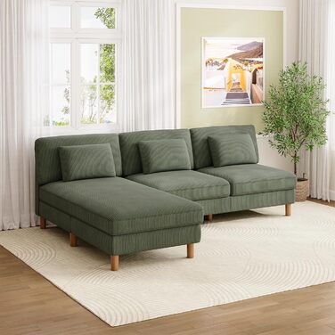 Місний диван Vesgantti Cord без підлокітників, 166 см. Сучасний тримісний диван з подушками, комбінований диван, ідеально підходить для вітальні, спальні, офісу, збирається без інструментів, 166 * 88 * 84 см. Зелений 3-місний диван., 3-