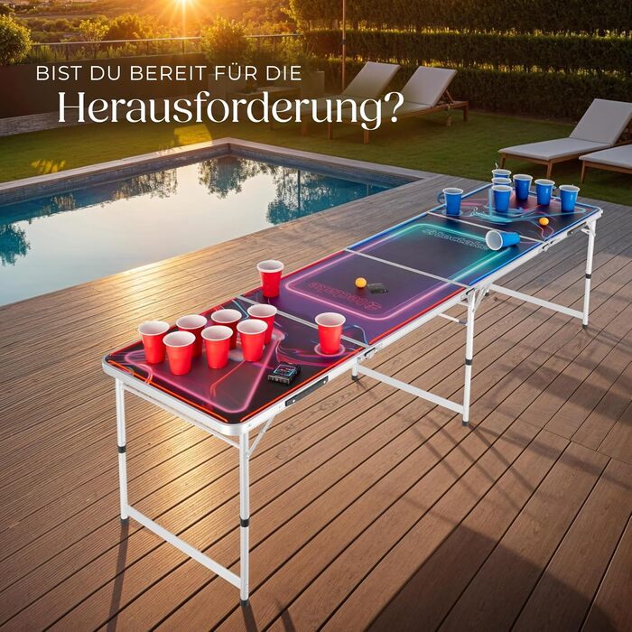Стіл для пивного понгу tectake з декорацією для вечірки, світлодіодним освітленням, стіл з регульованою висотою, розкладний стіл, комплект з аксесуарами, стіл для пивного понгу, 100 пластикових стаканчиків, 6 м&39ячів та карткова гра з напоями BeerWars I