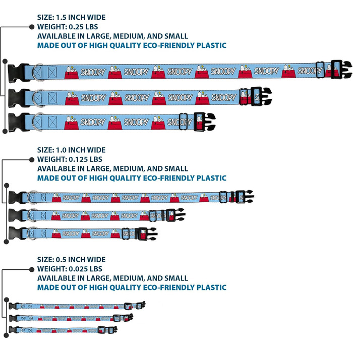 Нашийник для собак Peanuts Snoopy та Вудсток, блакитний, з пластиковою застібкою, ширина 1,3 см, розмір S (17,8-21,6 см)