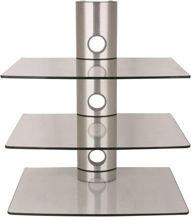 Підвіс для полиці NEG HiFi 503S, консольна стійка HiFi, настінна полиця, плаваюча (срібляста), з 3 великими скляними полицями (прозора) та системою організації кабелів, сріблястий, 3 полиці