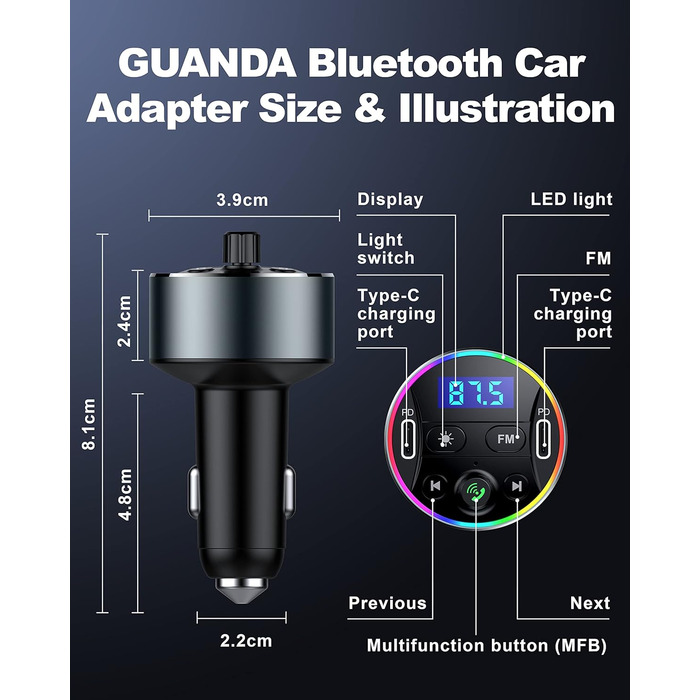 Передавач автомобільний, Dual PD 40 Вт Type-C USB автомобільний швидкий зарядний пристрій, дзвінки в режимі гучного зв'язку, бездротовий автомобільний адаптер Bluetooth з мікрофоном, музичний плеєр HiFi звук MP3 Аудіоприймач автомобільного радіо, 5.3 FM-