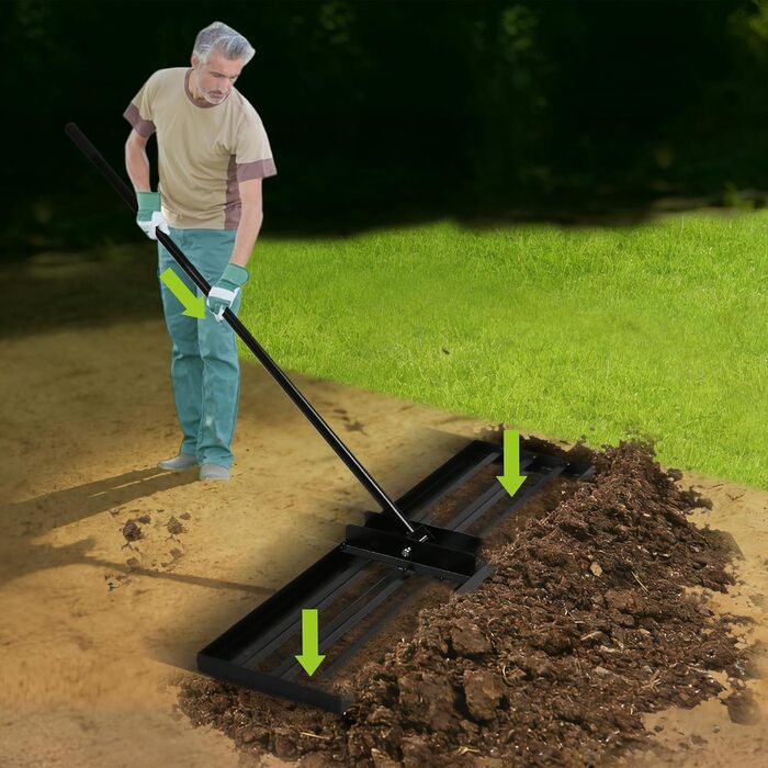 Граблі-рівняч для газону з нержавіючої сталі, з покращеним різьбовим зєднанням для запобігання розхитуванню, з ергономічною регульованою ручкою 2м, для вирівнювання ґрунту, землі, догляду за газоном та ландшафтного дизайну 45x25см